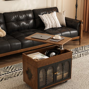 26.52'' Vintage Rolling Coffee Table with Storage | Glass Paneled Cabinet Doors + Hidden Compartment + Compact Design